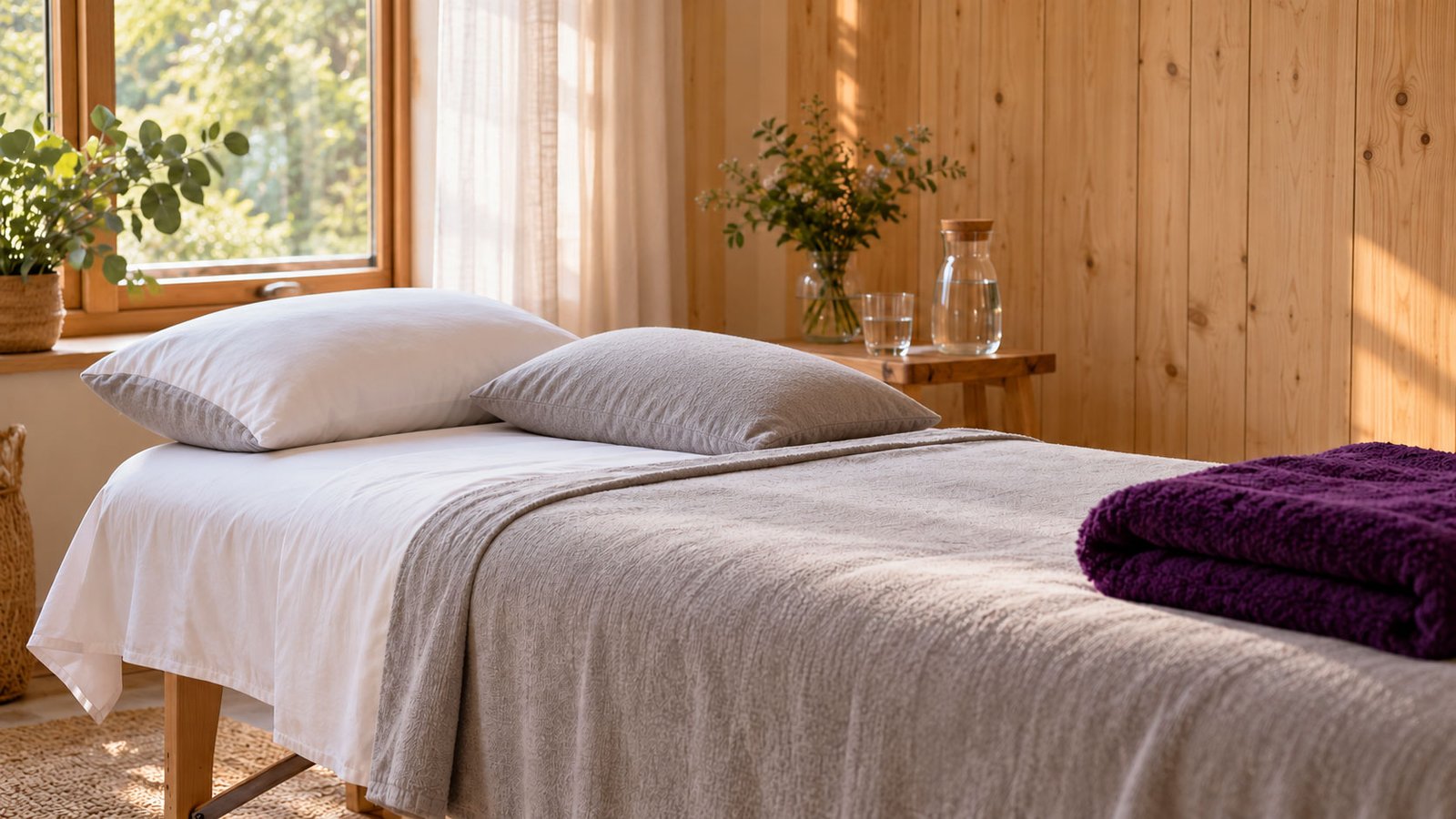 Calm treatment room with a white massage couch and purple accent towel